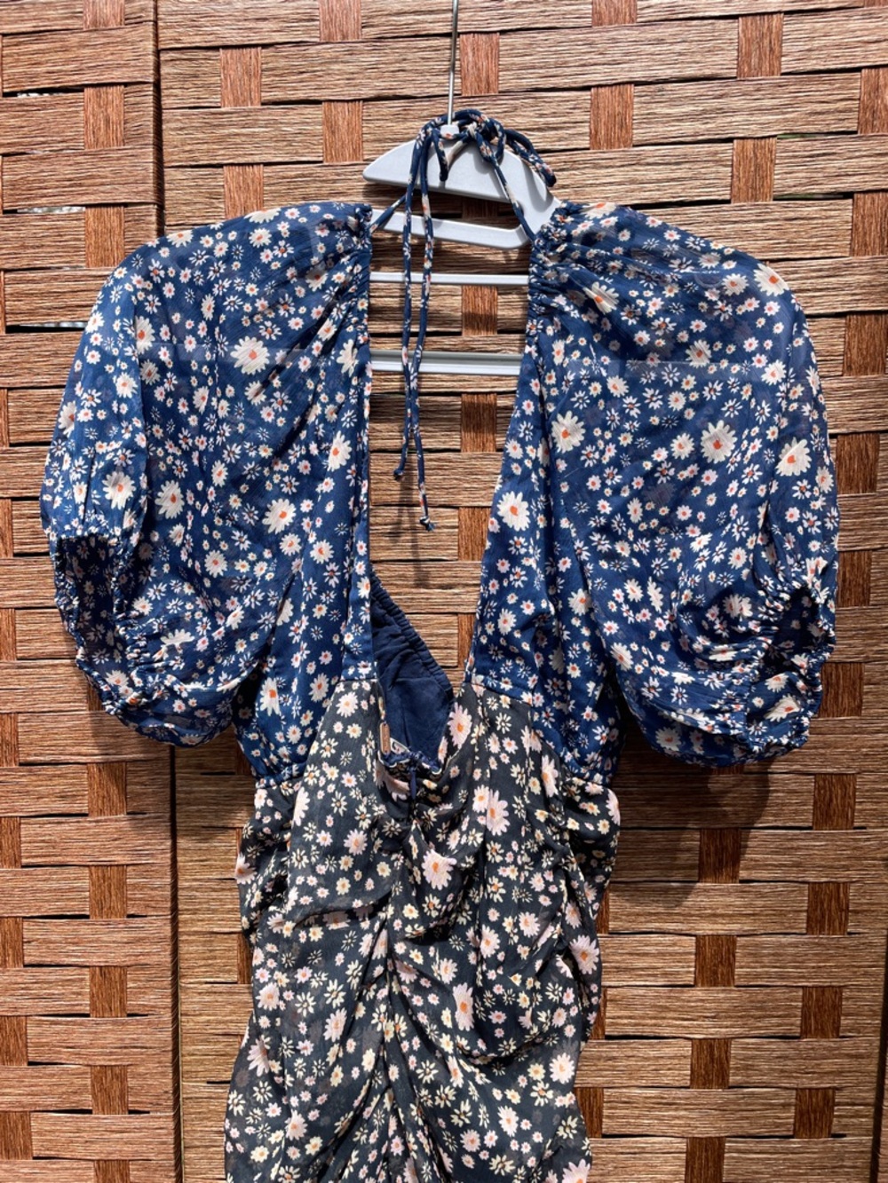 Free People Floral Puff-Sleeve Navy Women’s Ruched Dress Top - Picture 8 of 10